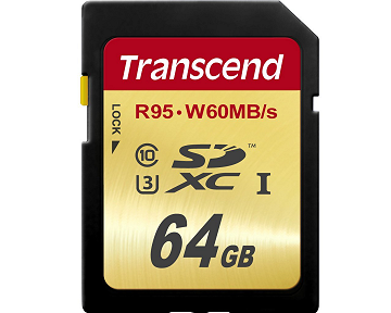 64 GB SDXC UHS-I class 3 card (R95, W60MB/s) Transcend